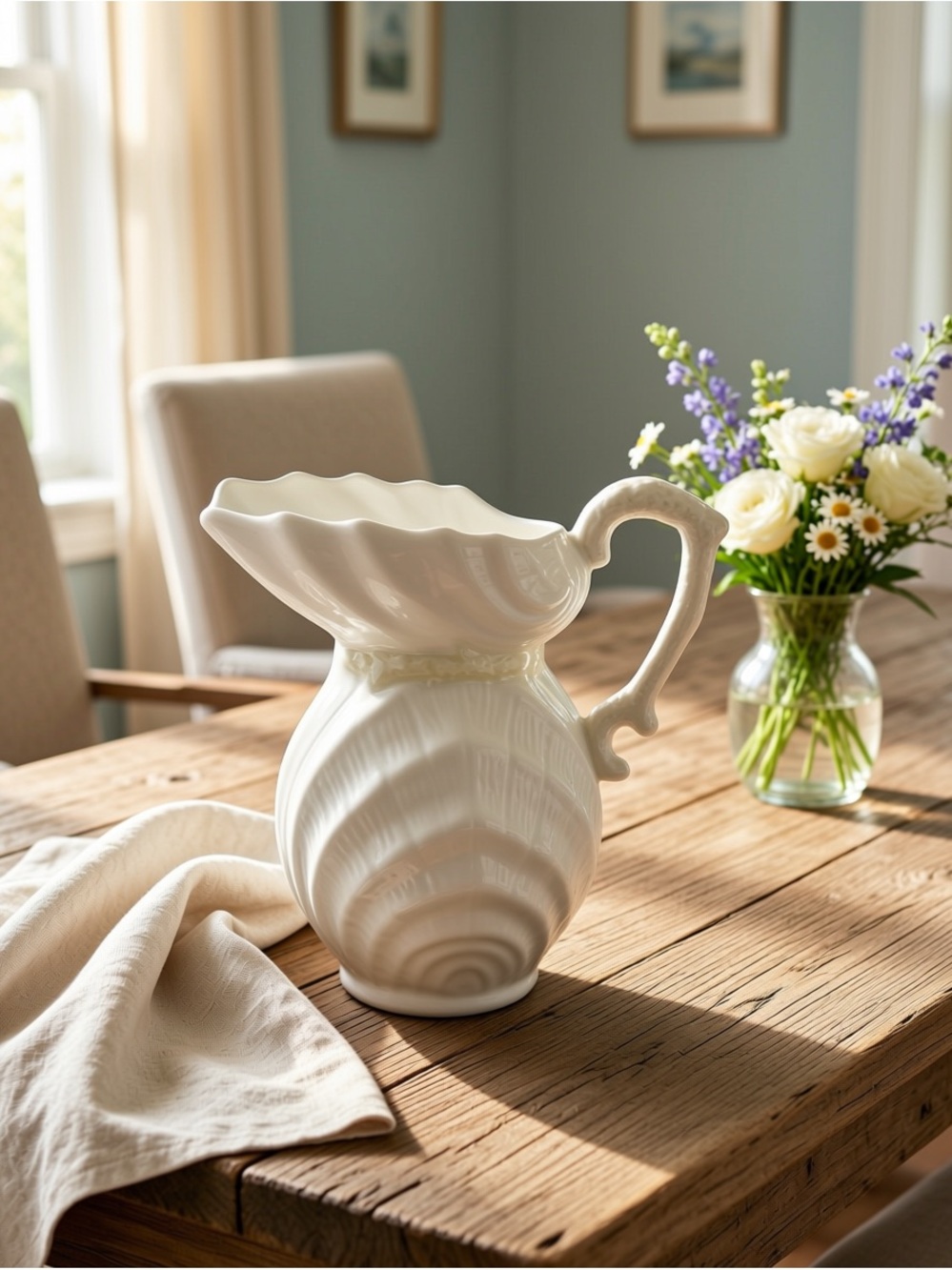 Belleek 1950’s Irish Cream Ceramic Double Shell Textured Pitcher Creamer 4 inch